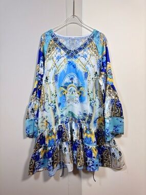 Camilla Blue and Gold Scenic V-Neck Tiered Dress
